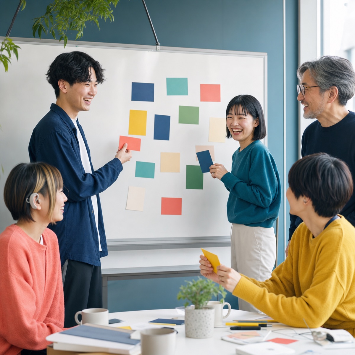 多様なメンバーが付箋を使って対話するワークショップの様子